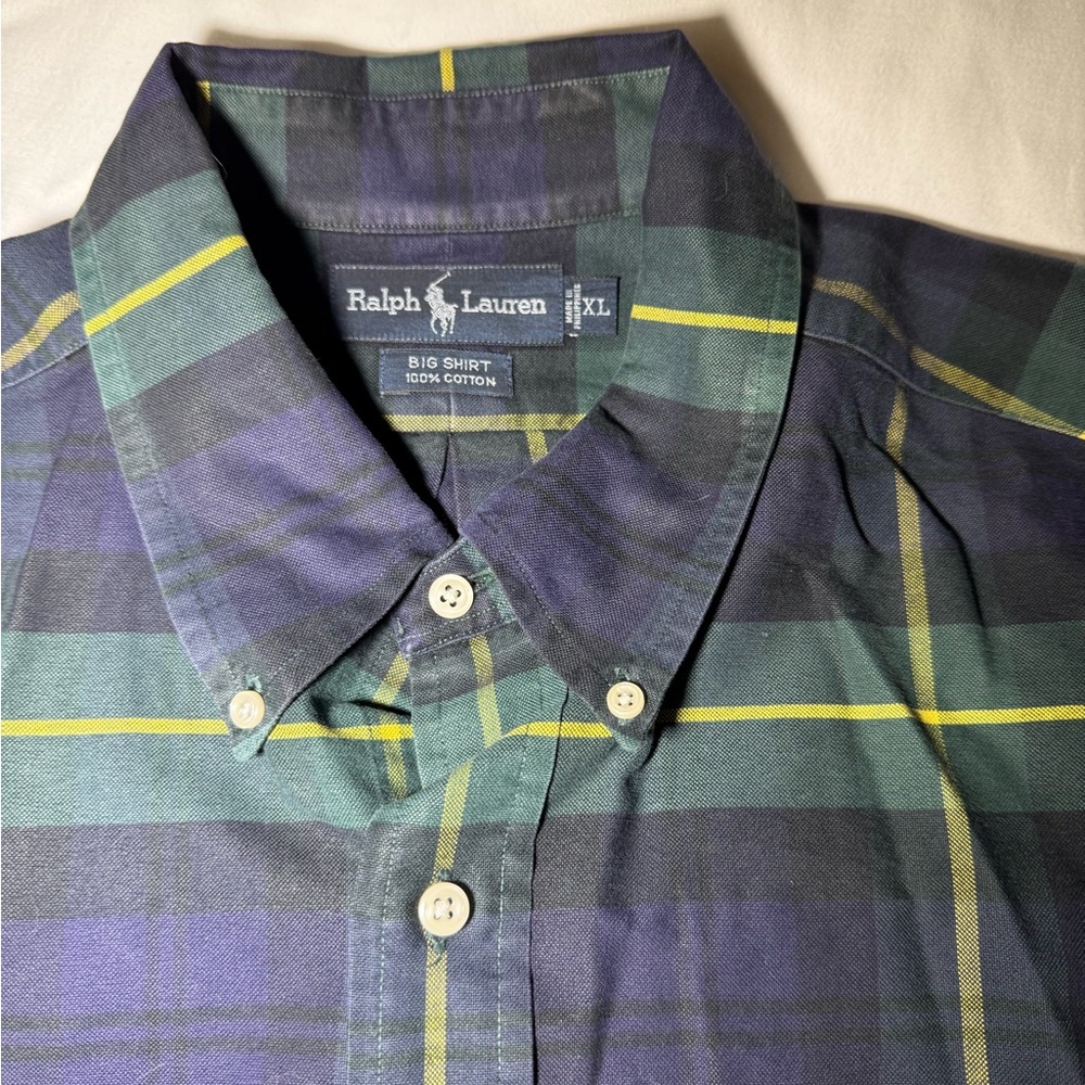 Ralph Lauren Men's Blue and Green Plaid Shirt